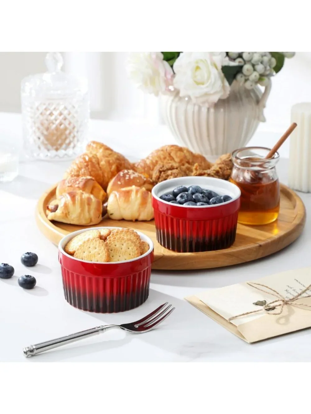Set of 6 Oven Safe Ceramic Ramekins - Red Soufflé Dishes for Baking, Dipping